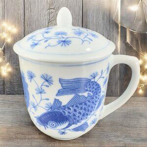 Vintage Oriental Porcelain White Blue Koi Fish Coffee Mug Cup With Lid Ceramic